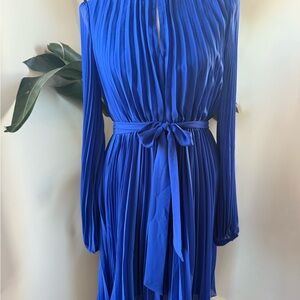Sam Edelman Plisse LS Elegant Blue Pleated Dress Size 8